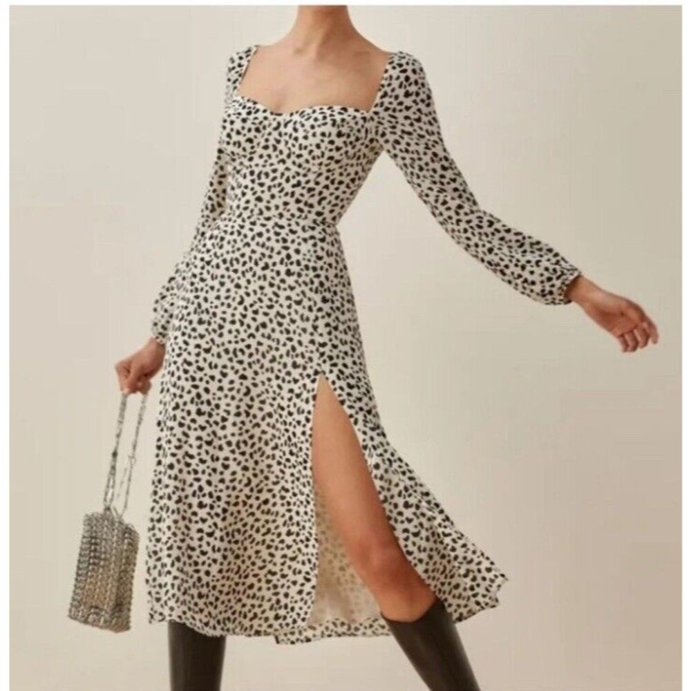 Reformation Shelby Dress Ocelot White Black Print Midi Slit Bustier Size 0
